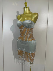 Leilani strapless sheer mesh mini dress with sparkling rhinestones and pearl chain embellishments
