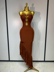 Angela strapless rhinestone cut out bandage dress for women. Sexy luxury bodycon outfit for birthdays, prom, parties, and evening events.