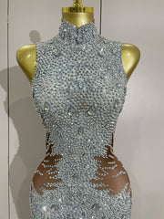 Luxury sleeveless rhinestone bodycon jumpsuit with sparkling crystals for stage or night-out wear.