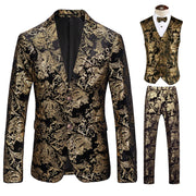 Luxury men’s 3-piece floral print suit with blazer, vest, and trousers for formal or wedding wear