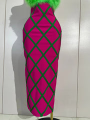 Envious Designs Reese sexy green feather strapless color block plaid bodycon midi bandage dress for birthday and cocktail party styling