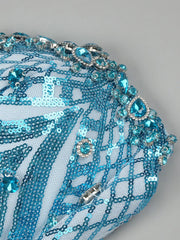 Baby blue feather mini dress with sequins and V-neck – glitter party, prom, homecoming, birthday, cocktail outfit.