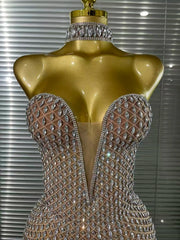 Mea crystal mesh halter off shoulder bodycon mini dress for women. Sparkly party outfit for birthdays and evening events.
