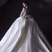 Scoop Neck Full Sleeves Satin Wedding Dress