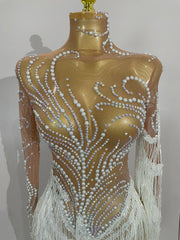 Miley sparkly rhinestone pearl sequin tassel sexy transparent dress for women party