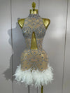 Belinda crystal embellished mini dress featuring feather accents and hollow-out details for a glamorous party look