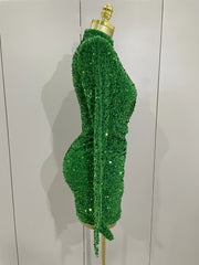 Ghee shiny green sequin long sleeve bodycon birthday dress with matching gloves for party and evening events