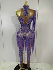 Dayla Sparkle Diamond Purple Tassel One-Shoulder Mesh Jumpsuit