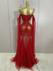 Makayla sparkly rhinestone pearl strapless mesh dress with rhinestone and pearl details for women.