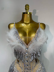 Rhia sparkly rhinestone tassel feather see-through bodysuit for nightclub and stage performance styling
