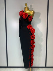 Keona black one-sleeve bandage dress – elegant slim-fit evening gown for women.