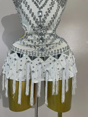 Madelle silver rhinestone tassel bodysuit dress for women. Sexy performance outfit for nightlife, stage wear, and parties.