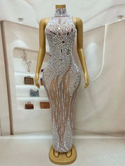 Amina silver mirror rhinestone pearl prom dress elegant evening gown.