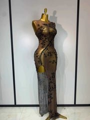 Corey Sexy O Neck Sleeveless Black Diamonds Crystal Maxi Dress