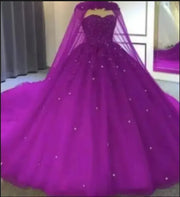 Beaded Lace Ball Gown with Cape