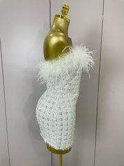  Carmina white feather sequin strapless bodycon mini dress. Perfect for birthdays, bridal parties, cocktails, and special events.