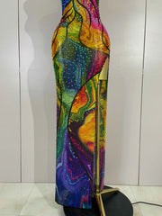 Felicia Colorful Rhinestone Print High Slit Sleeveless Long Dress