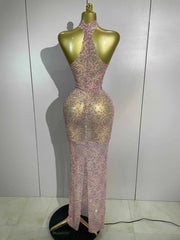 Lauren Pink Diamond Mesh See Through Evening Gown
