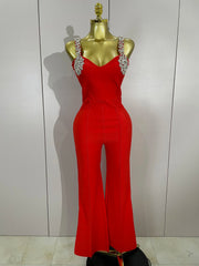 Renee shining diamond V-neck sleeveless bandage jumpsuit for women’s birthday, evening party, and nightclub wear