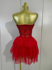 Laura Sparkly Red Rhinestone Strapless Mesh Mini Dress for Women