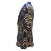 Men’s blue and gold floral jacquard tuxedo with shawl lapel and matching pants for formal or wedding wear