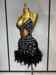 Women Sexy Halter Crystal Feathers Bodycon Mini Dress Nightclub Performance Stage Outfit Luxury Birthday Photo Shoot Dress