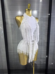 Natalia sexy halter backless beaded sequin tassel bodysuit for nightclub and birthday party styling