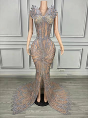 Zahra strapless diamond fishtail prom dress with high slit.