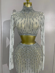 Ivy white rhinestone mesh two-piece long dress set with sparkling sheer detailing