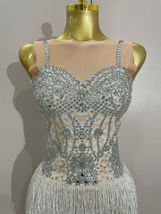 Seraphina sparkly rhinestone tassel sleeveless long dress women elegant evening gown.