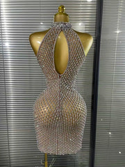 Mea crystal mesh halter off shoulder bodycon mini dress for women. Sparkly party outfit for birthdays and evening events.