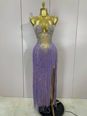 Cleo sheer mesh long dress with rhinestones, glitter, and tassel details for women’s evening, club, or stage wear.