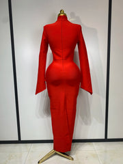 Gina black and red long sleeve bodycon bandage dress featuring elegant pearl beading