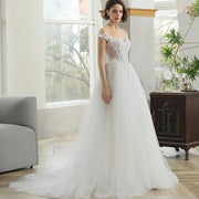 Scoop Illusion Button Ball Gown Wedding Dress