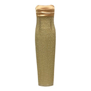 Imani strapless gold pearl beaded bodycon women’s evening dress, slim-fit long gown with gold pearls for parties and birthdays.