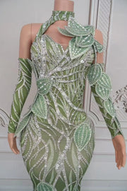 Sparkly leaf design prom dress with all-over rhinestones and matching long formal gloves. Lena elegant long gown.