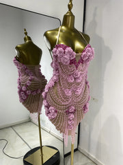 Joys pink rhinestone flower pearl tassel mini dress for women. Fairy-style party outfit for birthdays, nightlife, and clubwear.