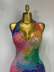 Genevieve colorful diamond halter backless mini dress with sparkling embellishments for birthdays and parties