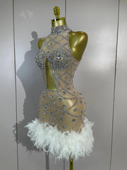 Belinda crystal embellished mini dress featuring feather accents and hollow-out details for a glamorous party look