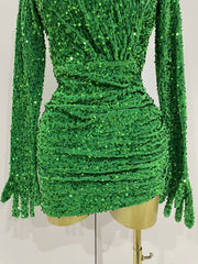 Ghee shiny green sequin long sleeve bodycon birthday dress with matching gloves for party and evening events