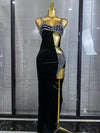 Jenn black sleeveless velvet bodycon maxi dress with sparkling crystal strap details
