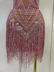 Louise luxury sparkly rhinestone tassel backless mesh mini dress for nightclub and birthday party styling