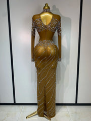 Monet sparkly rhinestone mesh brown long prom dress for women.