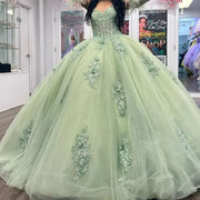 Sage Green Sweet 16 Quinceañera Ball Gowns with Beads and Feathers