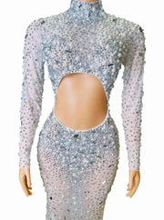 Carmela Sexy Full Rhinestone Mesh Sheer Long Sleeve Bodycon Dress