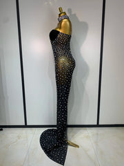 Rhinestone transparent mesh maxi dress with long elegant silhouette