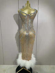 Envious Designs Ara luxury sparkly silver rhinestone sexy mesh see-through long dress for evening gala styling