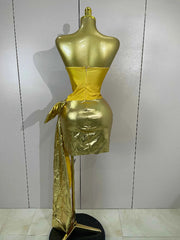 Luxury Sparkly Rhinestones Strapless Gold Mini Dress Women Evening Celebrate Birthday Party NightClub Performance Stage Outfit