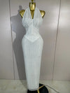 Jan halter bandage maxi dress featuring sheer mesh details and sparkling rhinestone embellishments