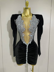 Taye black velvet short dress with sparkling crystals and mesh overlay for women’s evening, prom, or birthday parties.